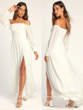 Lulus Feel the Romance White Off-the-Shoulder Maxi Dress Bridal Wedding Medium
